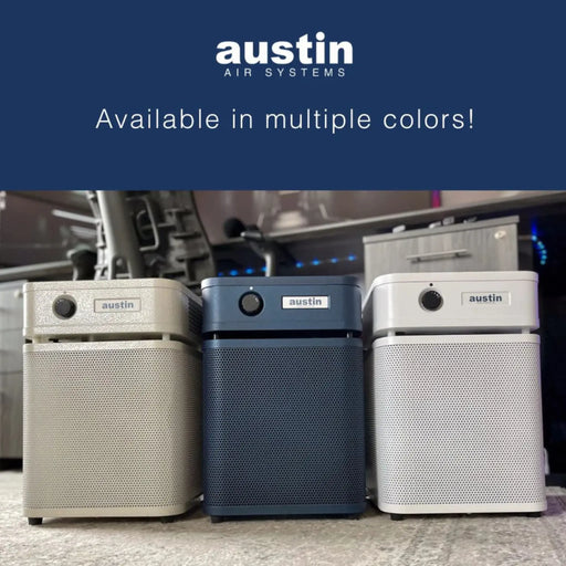 Austin Air HealthMate Junior air purifier available in sandstone, blue, and white color options