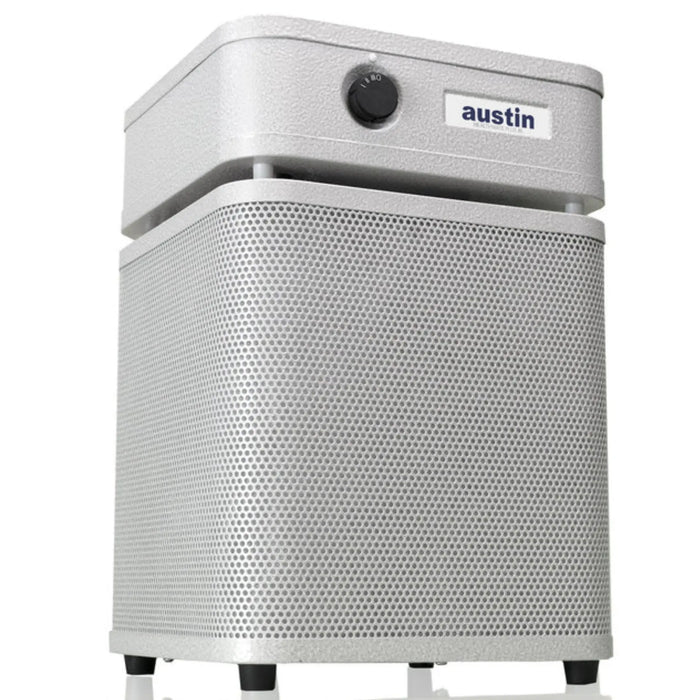 Austin Air HealthMate Junior air purifier in sandstone finish on a white background