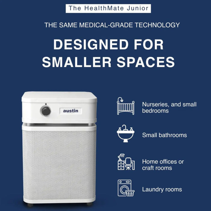 Austin Air HealthMate Junior air purifier for smaller spaces with nursery bedroom bathroom office and laundry room icons