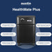 Austin Air HealthMate Plus air purifier, black, feature graphic on blue background
