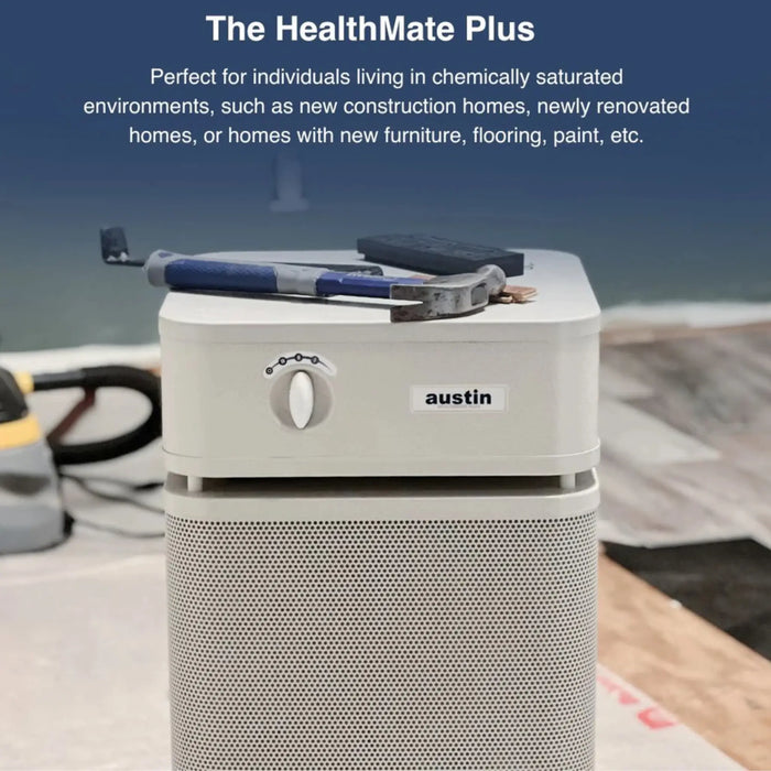 Austin Air HealthMate Plus air purifier in a renovation setting graphic for chemically saturated environments