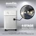 Austin Air HealthMate Plus feature summary graphic with impregnated carbon, zeolite, HEPA, and steel body benefits