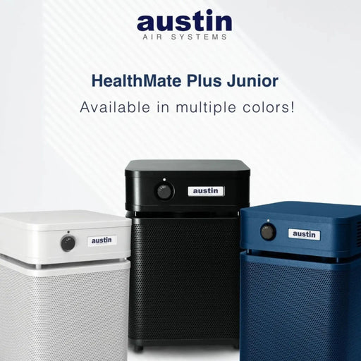 Austin Air HealthMate Plus Junior air purifier available in multiple colors including white black and blue