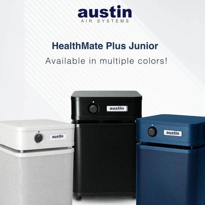 Austin Air HealthMate Plus Junior air purifier available in multiple colors including white black and blue