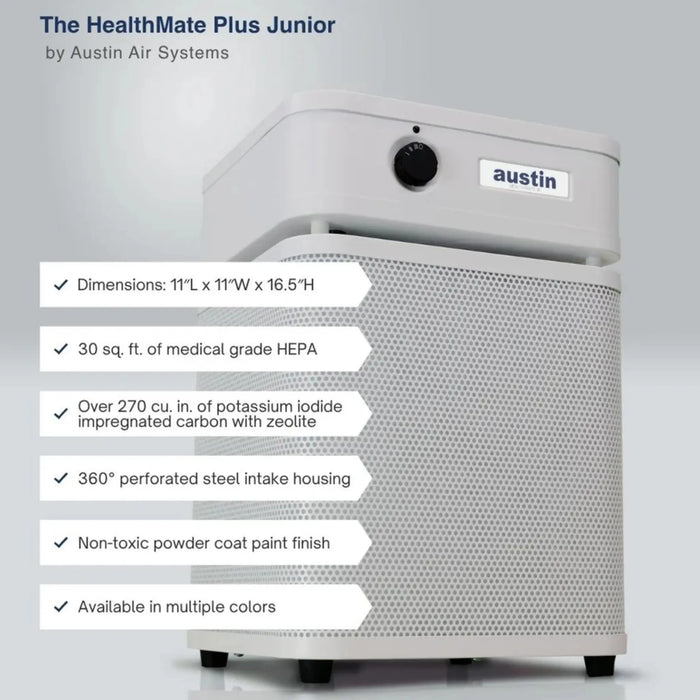Austin Air HealthMate Plus Junior air purifier specifications including HEPA filter, carbon filtration, and compact dimensions