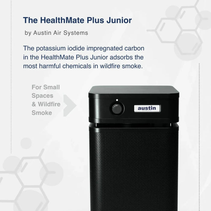 Austin Air HealthMate Plus Junior air purifier infographic showing removal of harmful chemicals from wildfire smoke for small spaces