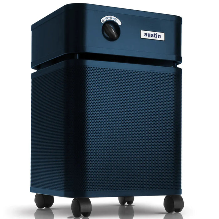 Austin Air HealthMate Plus air purifier, midnight blue, front angle view on casters