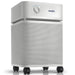 Austin Air HealthMate Plus air purifier, sandstone, front angle view on casters