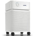 Austin Air HealthMate Plus air purifier, white, front angle view on casters