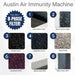 Austin Air Immunity Machine air purifier infographic showing the 8-phase filter layers including carbon, zeolite, HEPA, and HEGA