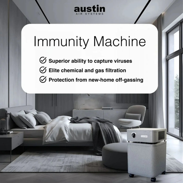 Austin Air Immunity Machine air purifier in a modern bedroom with feature text about virus capture and chemical and gas filtration