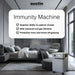 Austin Air Immunity Machine air purifier in a modern bedroom with feature text about virus capture and chemical and gas filtration