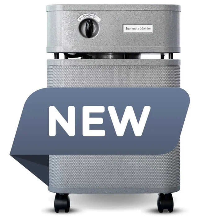 Austin Air Immunity Machine air purifier in graphite finish with new product banner overlay