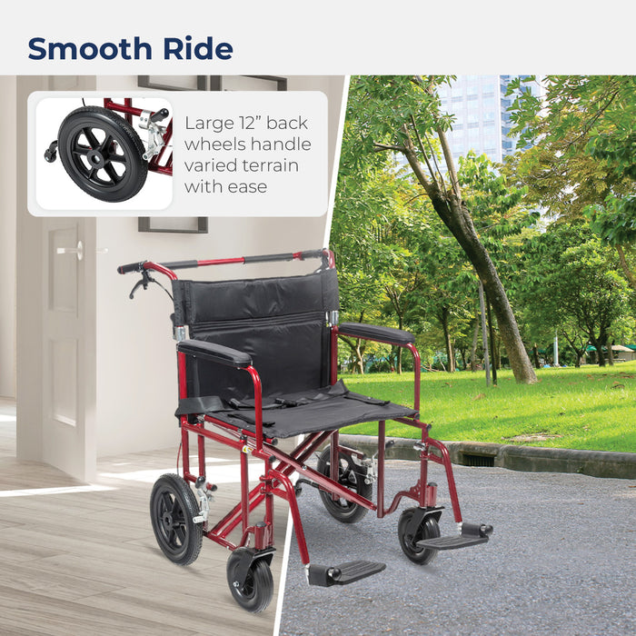 Bariatric Aluminum Transport Chair, Red, 12 Inch Flat-Free Wheel Detail