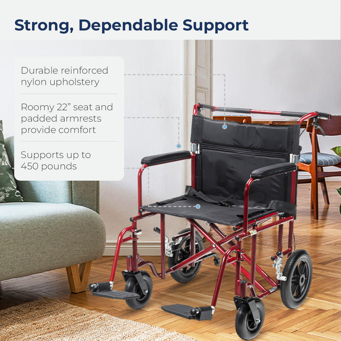 Bariatric Heavy Duty Transport Chair, Red,  22 in seat with weight Capacity