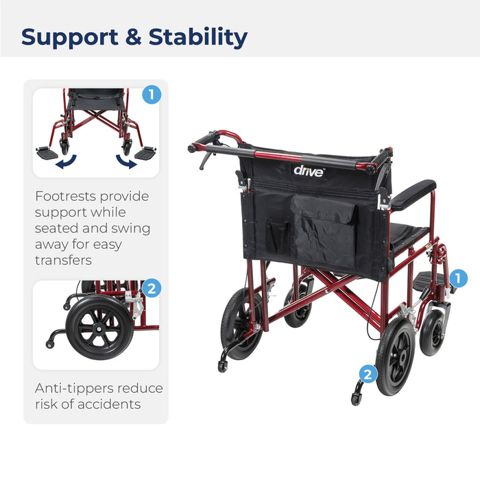 Bariatric Heavy Duty Transport Chair, Red, Anti-Tipper Detail