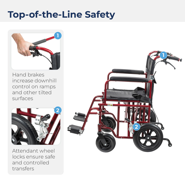 Bariatric Heavy Duty Transport Chair, Red, Seat Belt, Brakes, Wheel Lock Detail