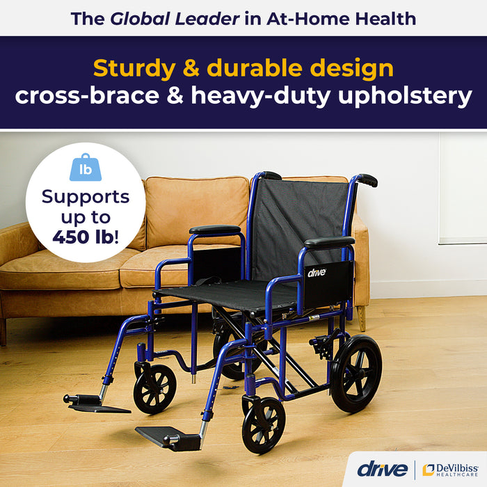 Bariatric Heavy Duty Transport Wheelchair, 22" Seat, Blue, Reinforced Steel Cross Brace Detail