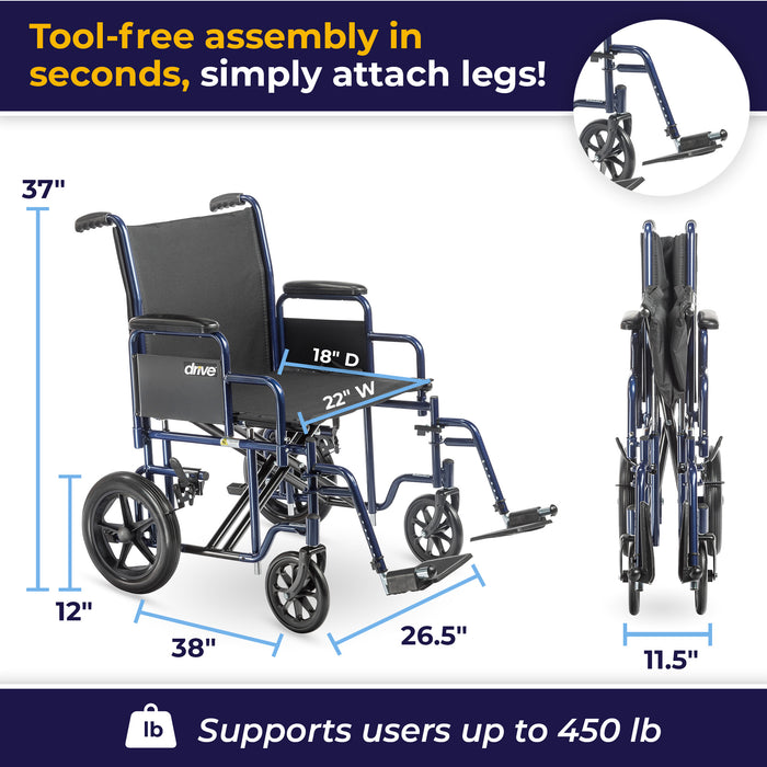 Bariatric Heavy Duty Transport Wheelchair, 22" Seat, Blue, Dimensions