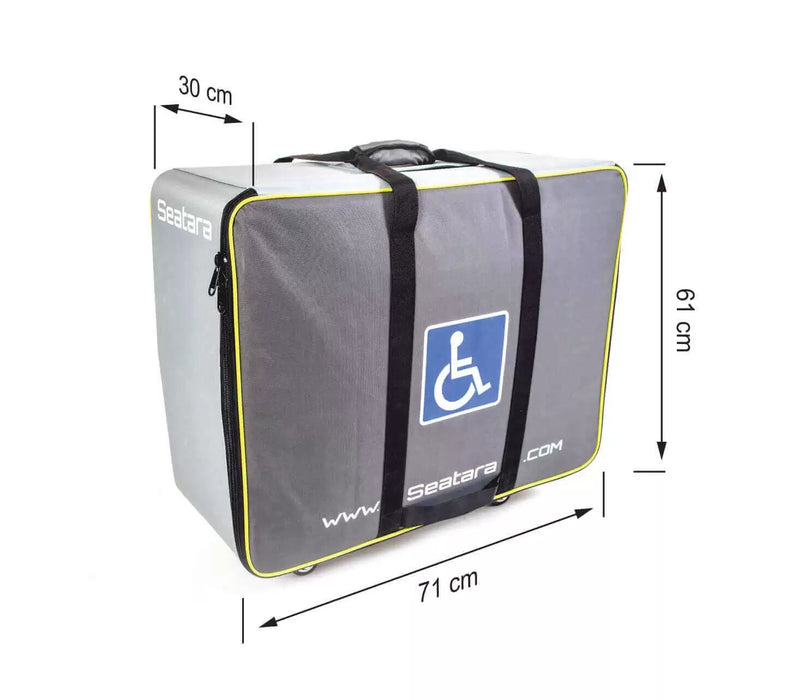 Bathmobile Gray bag with wheelchair icon and Seatara branding, showing dimensions on a white background