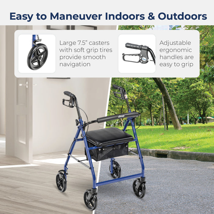Drive Medical Aluminum Rollator, Blue, Large Casters and Adjustable Ergonomic Handle