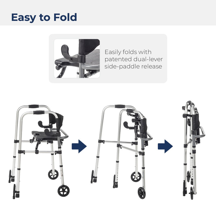 Clever Lite LS Walker Rollator with Seat and Push Down Brakes, Folded for Storage