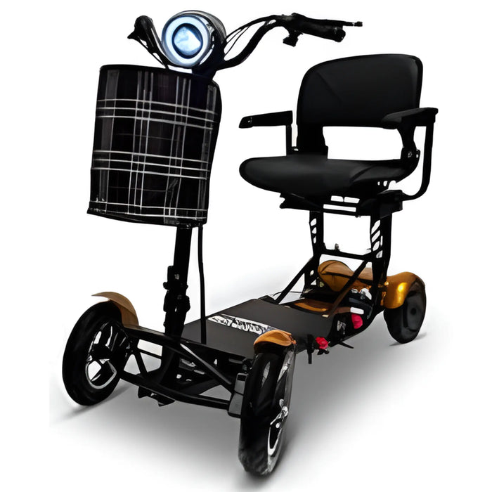 ComfyGO MS3000 Foldable Travel Scooter in gold with front basket and padded seat.