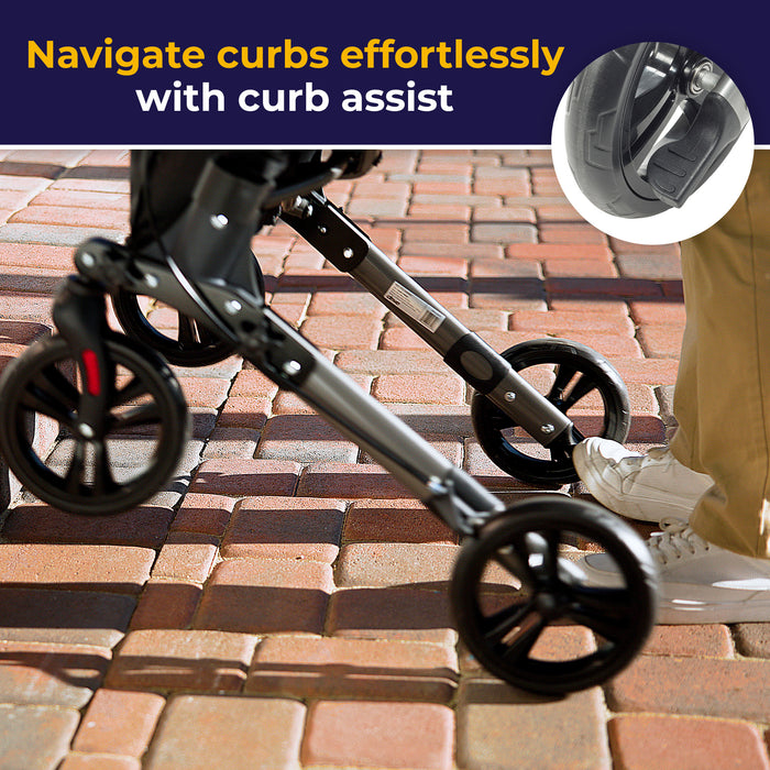 Compact Folding Rollator, 8 Inch Wheel and Curb Assist Detail