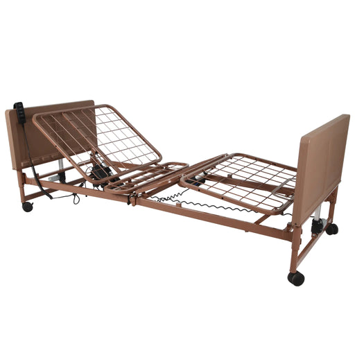 CostCare B137S full-electric homecare bed with adjustable head and foot sections, caster wheels, and wired hand control