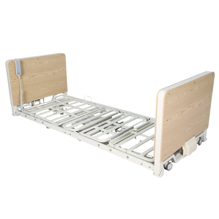 CostCare B420 ultra low long term care bed in oak finish at standard height with adjustable metal frame and wooden panels
