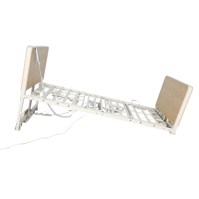 CostCare B420 ultra low long term care bed in oak finish shown in flat low-height position with metal frame and wooden headboard and footboard