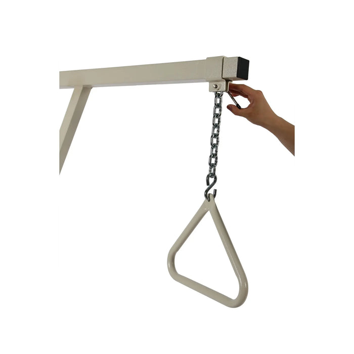 Close-up of the CostCare Bariatric Trapeze Bar overhead grab handle and adjustable hanging chain for assisted repositioning and transfer support.