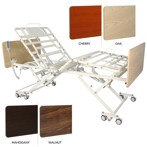 CostCare head and foot board finish options for the BC320 bed shown in cherry, oak, mahogany, and walnut woodgrain styles.