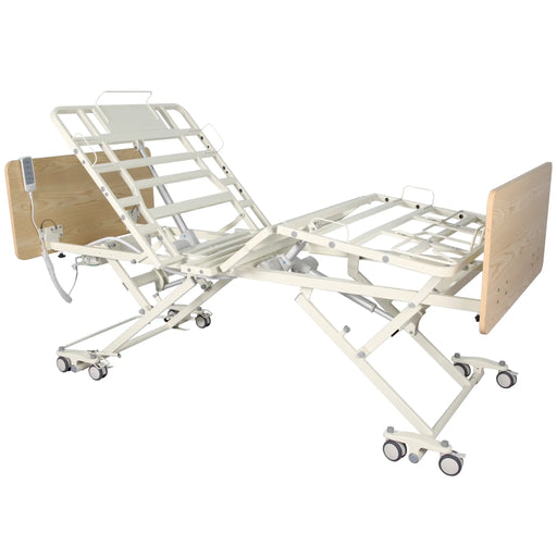 CostCare BC320 low profile homecare bed with backrest and leg sections elevated showing full electric articulation and height adjustment
