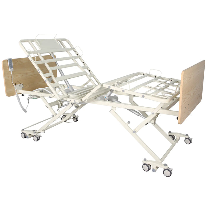 CostCare BC320 low profile homecare bed with backrest and leg sections elevated showing full electric articulation and height adjustment