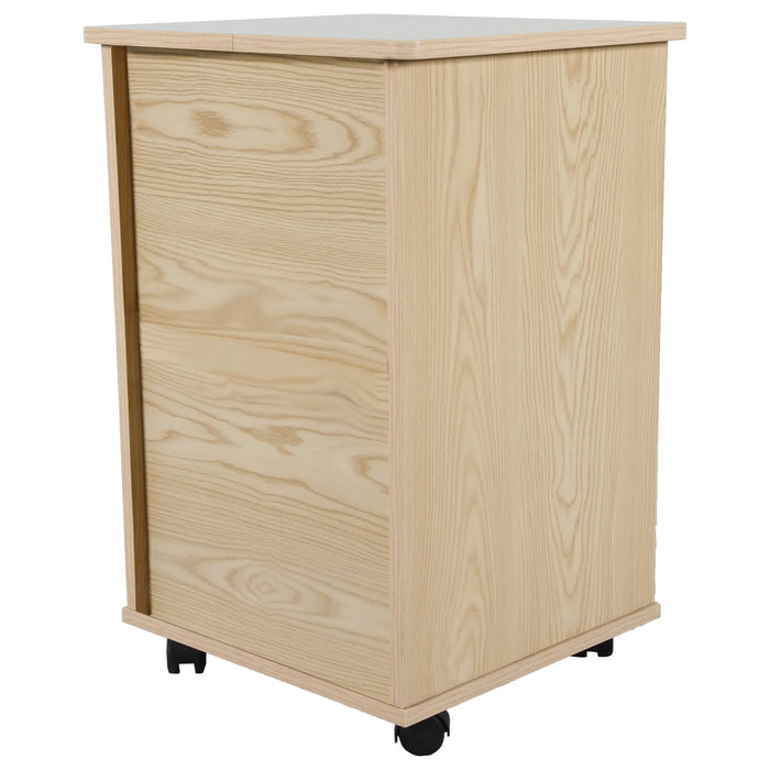 Rear view of CostCare BZC330 bedside cabinet in oak finish with woodgrain panel design and caster wheels.