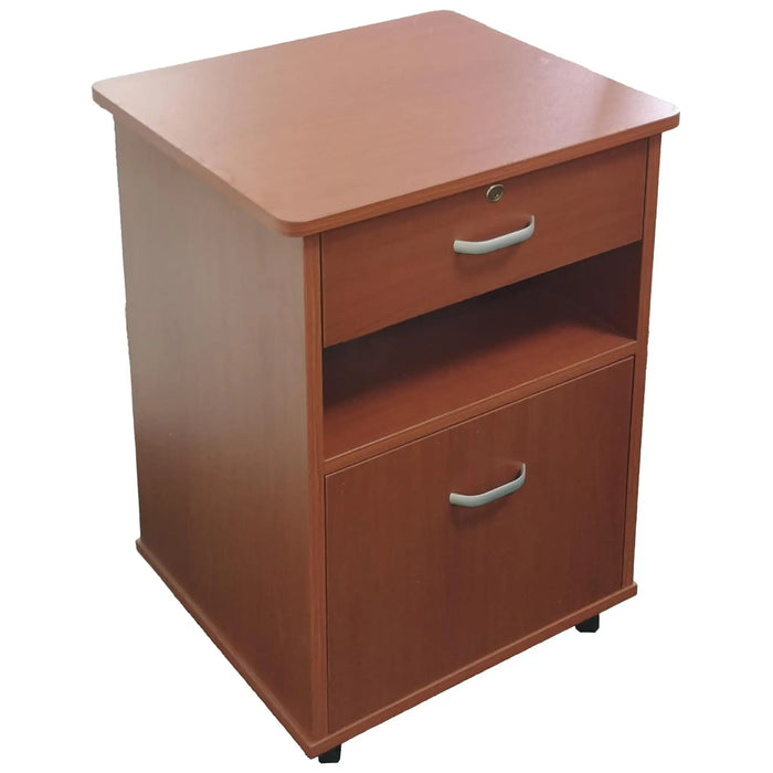 CostCare BZC330 bedside cabinet in cherry wood finish with lockable top drawer, open shelf, lower storage drawer, and caster wheels.