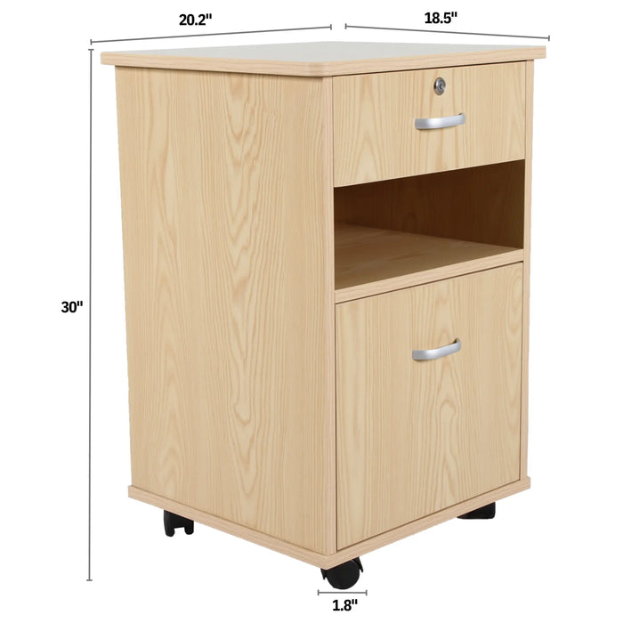 CostCare BZC330 bedside cabinet with labeled dimensions showing 30-inch height, 20.2-inch width, 18.5-inch depth, and caster wheel size.