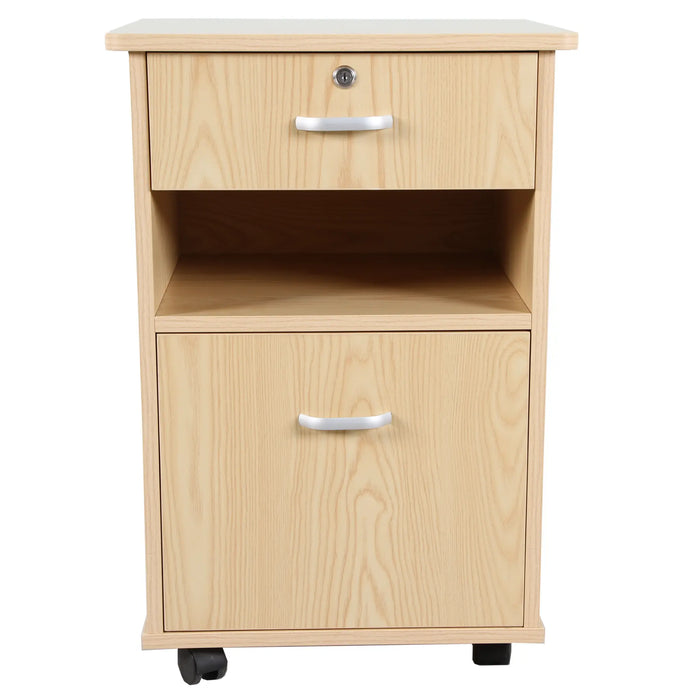 Front view of CostCare BZC330 bedside cabinet in oak finish featuring lockable drawer, open shelf, lower drawer, and caster wheels.