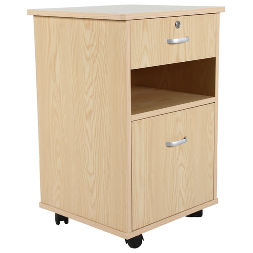 CostCare BZC330 bedside cabinet in oak finish with lockable top drawer, open shelf, lower storage drawer, and caster wheels shown in angled front view.