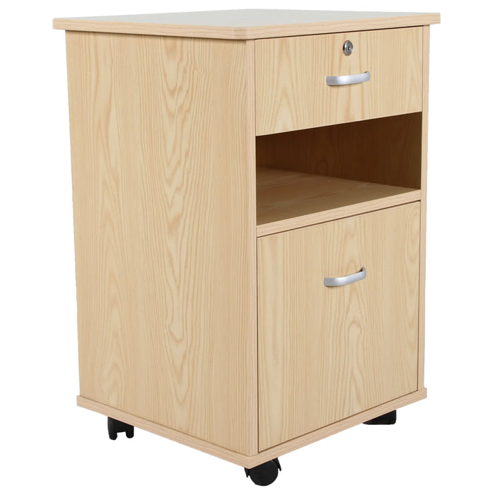 CostCare BZC330 bedside cabinet in oak finish with lockable top drawer, open shelf, lower storage drawer, and caster wheels shown in angled front view.
