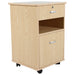 CostCare BZC330 bedside cabinet in oak finish with lockable top drawer, open shelf, lower storage drawer, and caster wheels shown in angled front view.