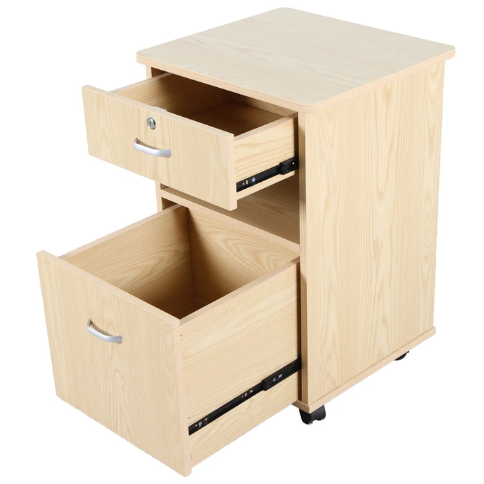 CostCare BZC330 bedside cabinet in oak finish with top and bottom drawers open, displaying interior storage space and drawer slide hardware.