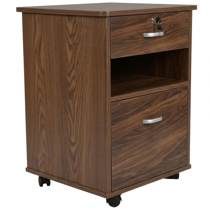 CostCare BZC330 bedside cabinet in walnut finish with lockable top drawer, open shelf, lower storage drawer, and caster wheels shown in angled front view.