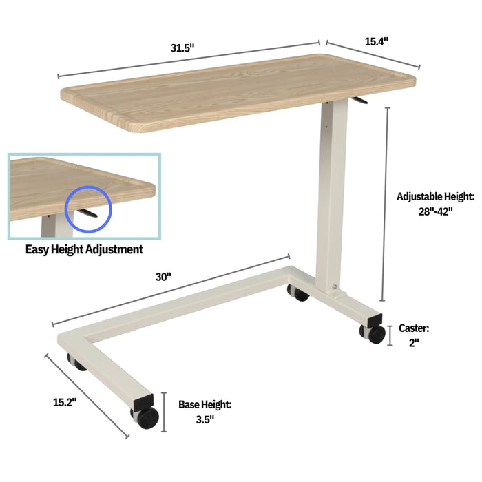 CostCare BZT330 overbed table with labeled dimensions showing 31.5-inch tabletop width, 15.4-inch depth, adjustable height range from 28 to 42 inches, and caster wheel size.