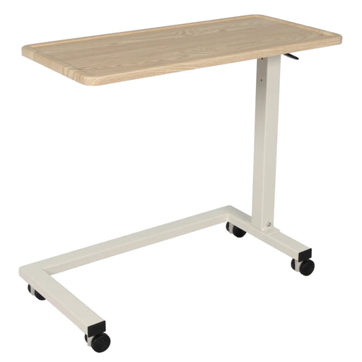 CostCare BZT330 long-term care overbed table with oak woodgrain tabletop, height-adjustable frame, and caster wheels.