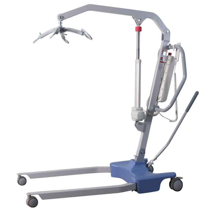 CostCare Electric Patient Lift L510 angled view with spreader bar, wide base legs, and rolling casters