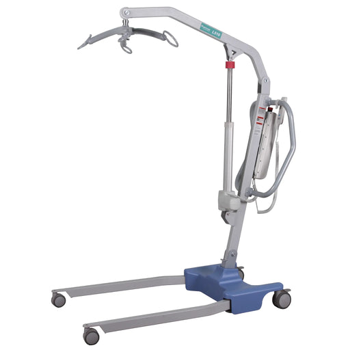 CostCare Electric Patient Lift L510 side view showing electric lift mast, sling attachment bar, and wheeled base