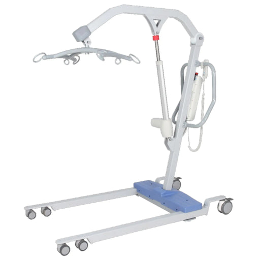 CostCare L550 Bariatric Electric Patient Lift with reinforced frame, extended base legs, overhead spreader bar, and caster wheels for safe heavy-duty patient transfers
