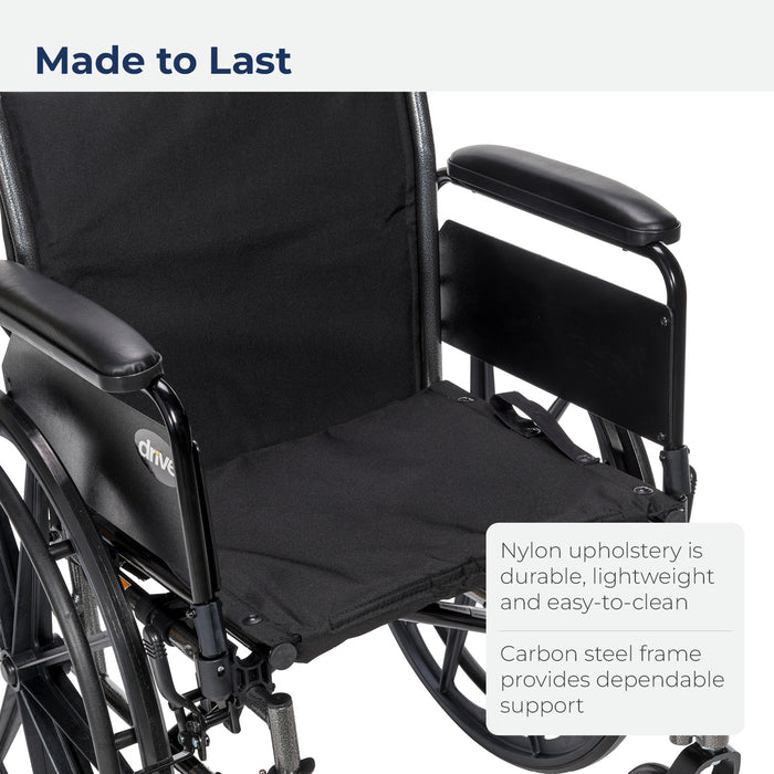 Cruiser III Wheelchair, Full Arms, Swing Away Footrests, 20" Seat, Seat Detail and Carbon Steel Frame
